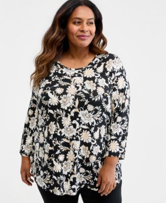 JM Collection Plus Size Printed Scoop-Neck 3/4-Sleeve Top, Macy's Exclusive