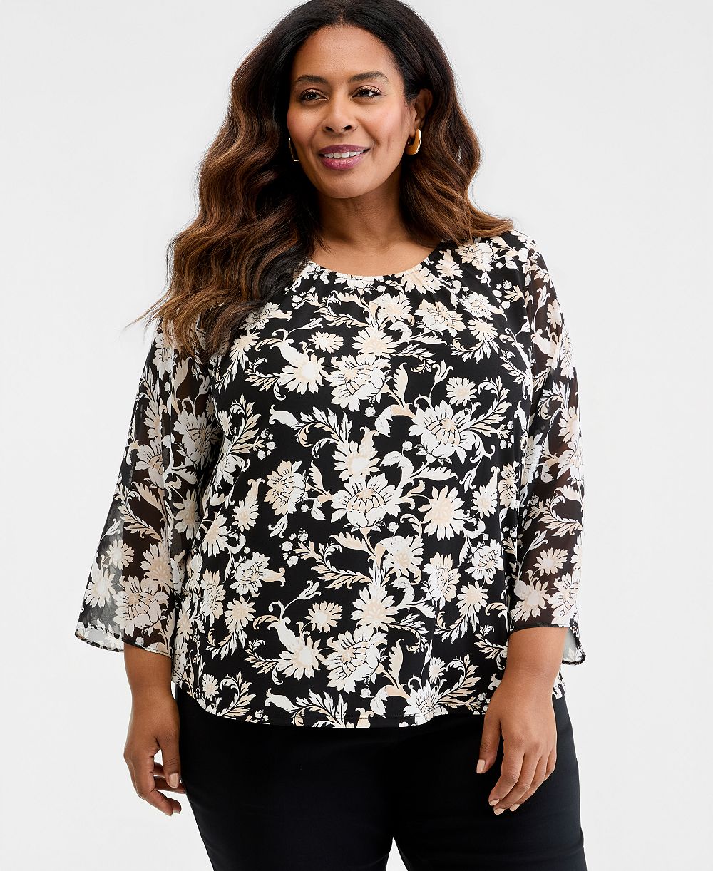 Женский топ JM Collection Plus Size Bold Floral Scroll Chiffon-Sleeve Gathered-Neck