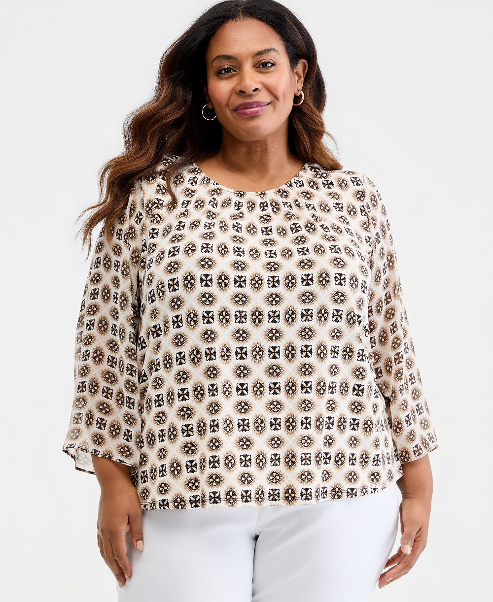JM Collection Plus Size Printed Chiffon-Sleeve Gathered-Neck Top, Macy's Exclusive
