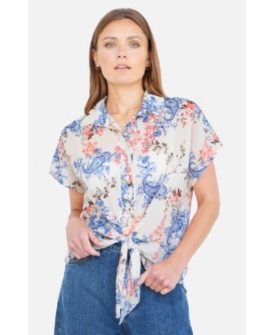 Yumi Women's Cotton Paisley Print Tie Knot Shirt