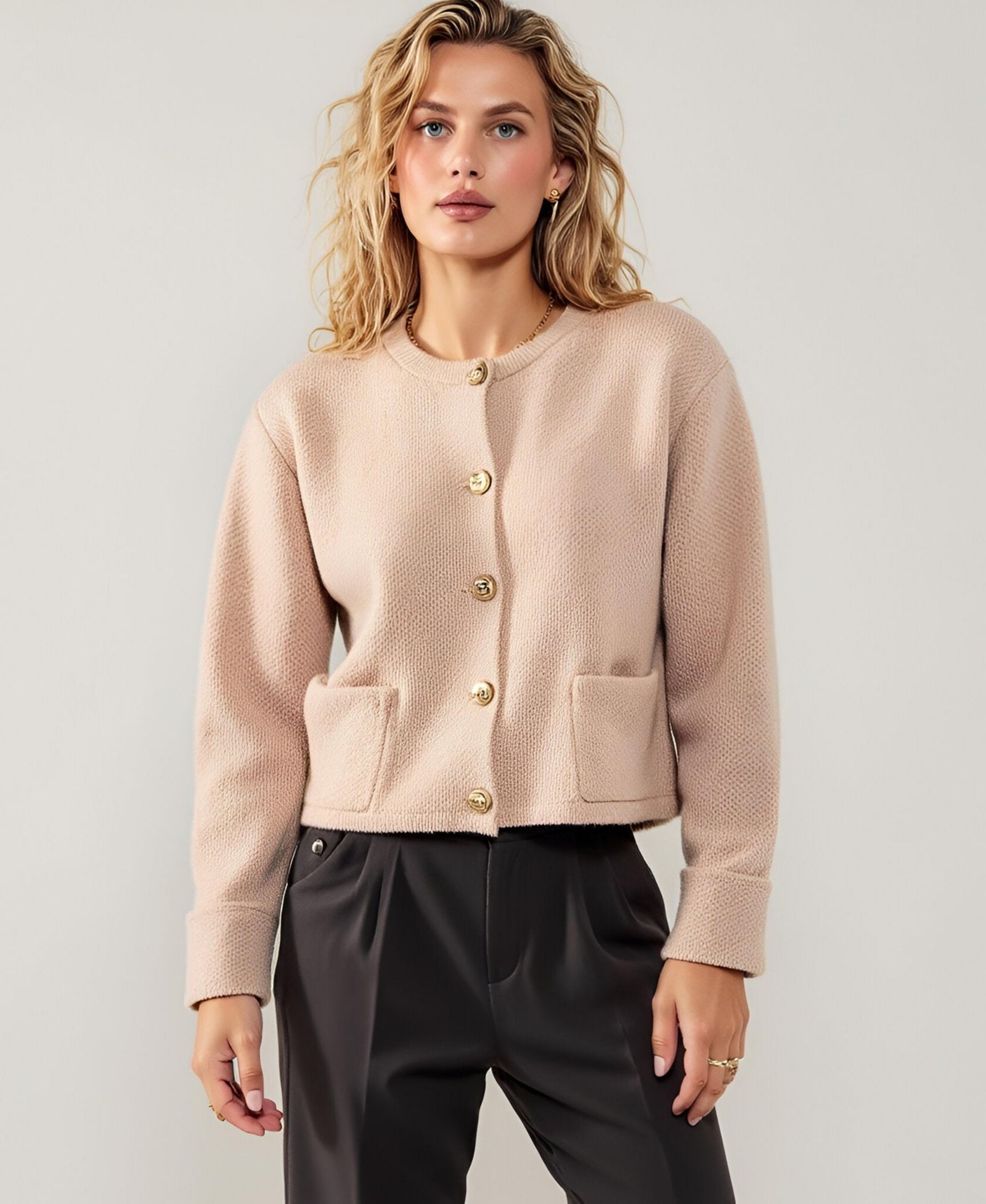 Modenaire Women's Gold-Button Patch-Pocket Crewneck Cardigan