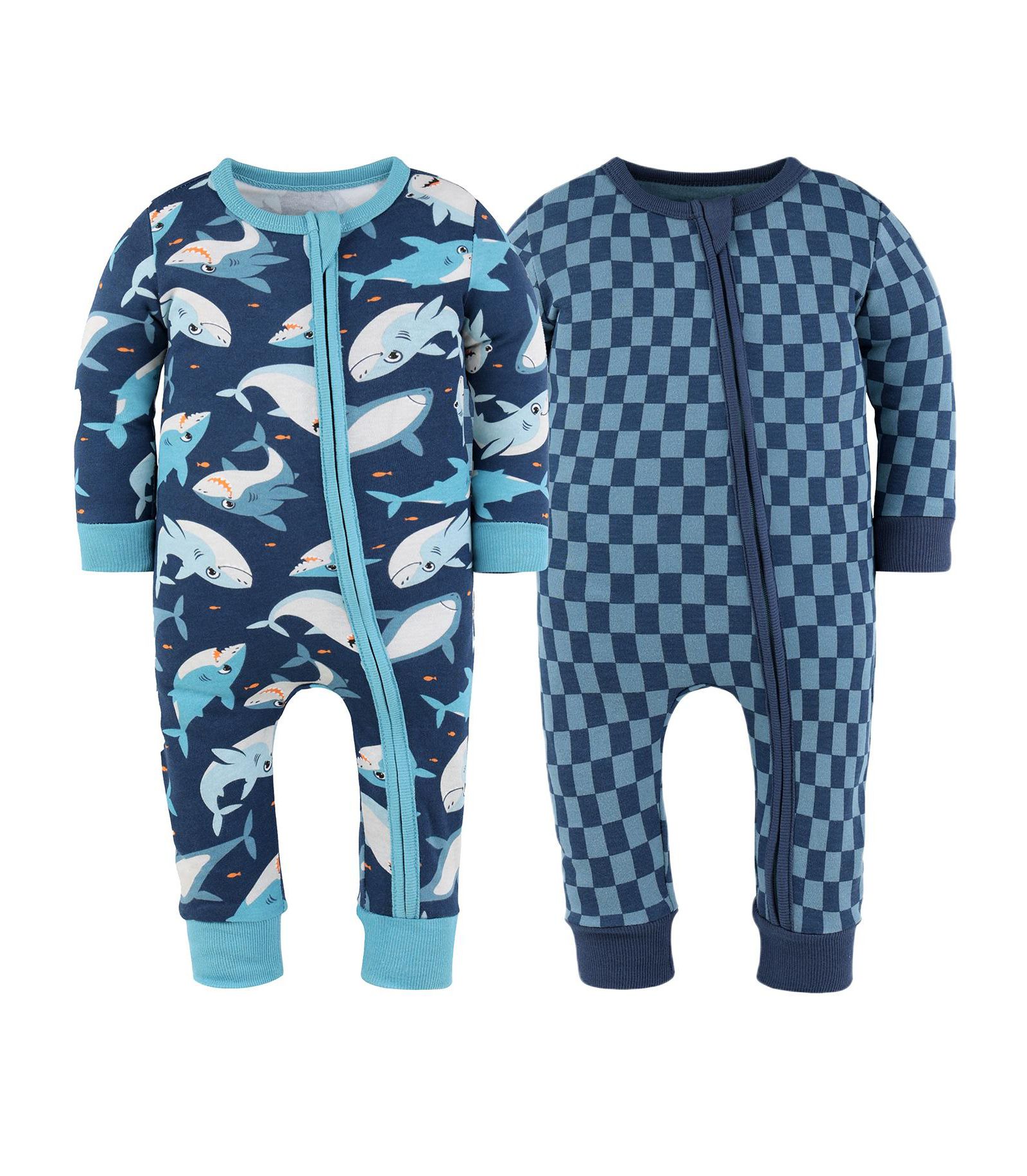 The Peanutshell Baby Boys Checker & Happy Shark Cotton Footless Pajamas for Boys, 2 Pack