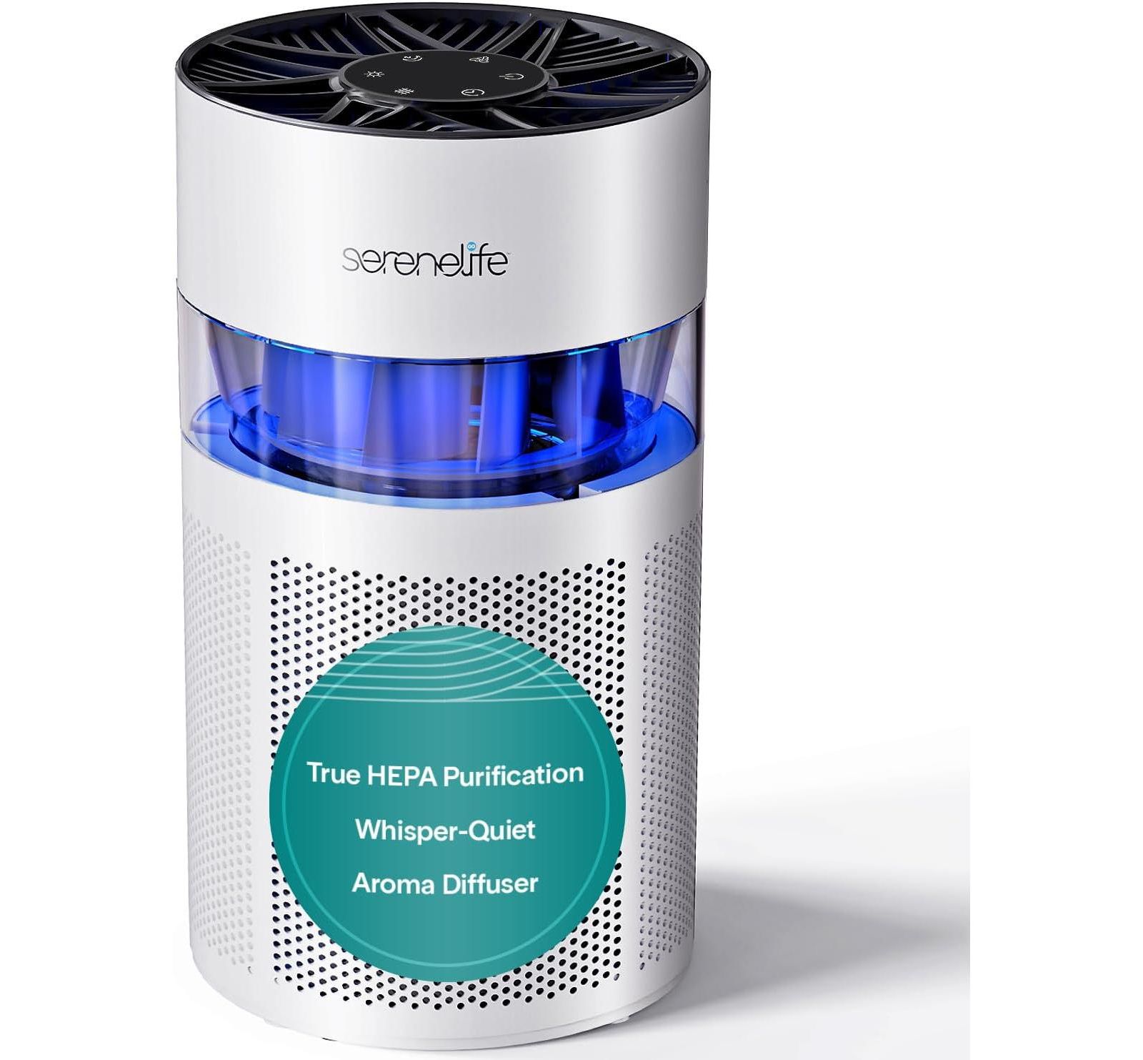 SereneLife Portable Air Purifier, Small Air Cleaner with Aroma Box, Ambient Light, 2-Speed, Timer, Sleep Mode.