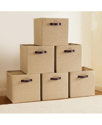 Ornavo Home 6 Pack Jute Storage Cube Bin Shelf Basket with Handles