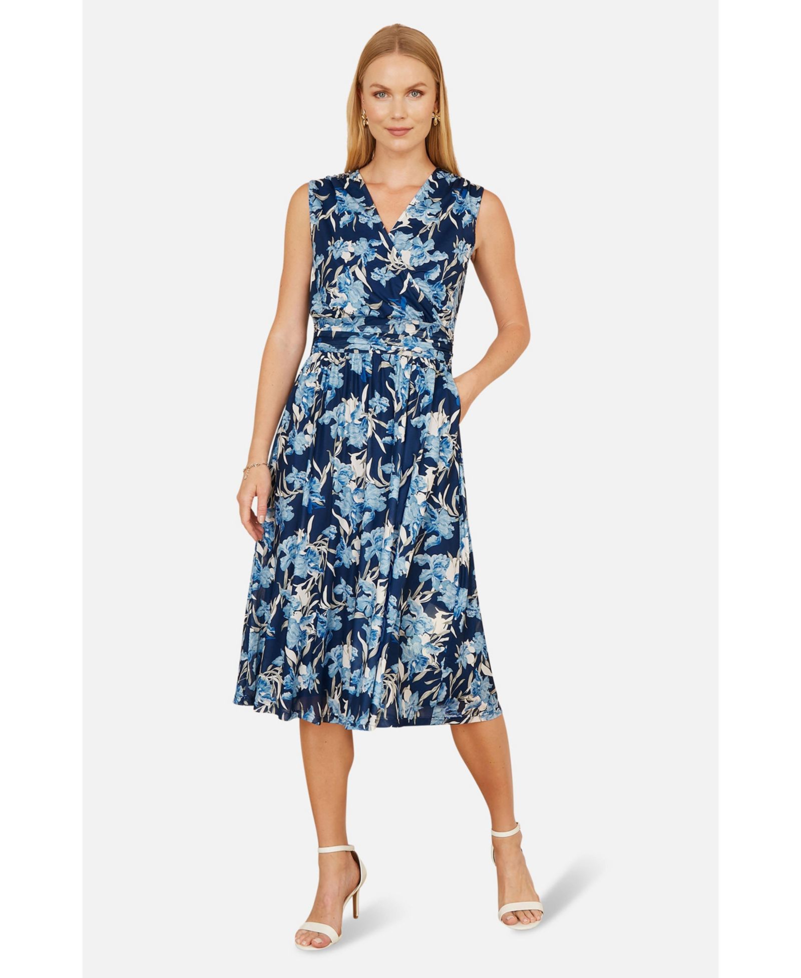 Yumi Women's Floral Wrap V Neck Midi Skater Dress