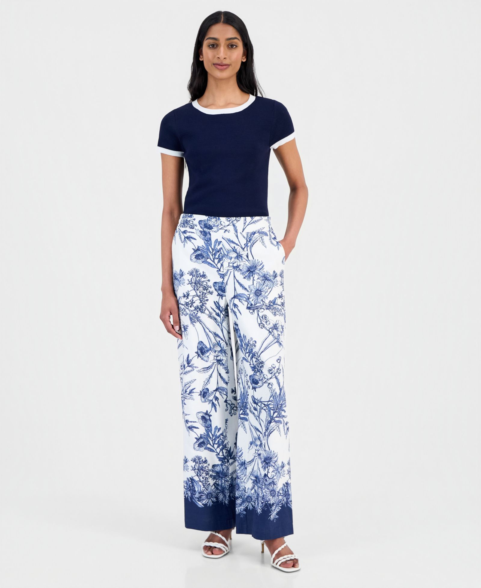 T Tahari Women's Printed Wide-Leg Pull-On Pants