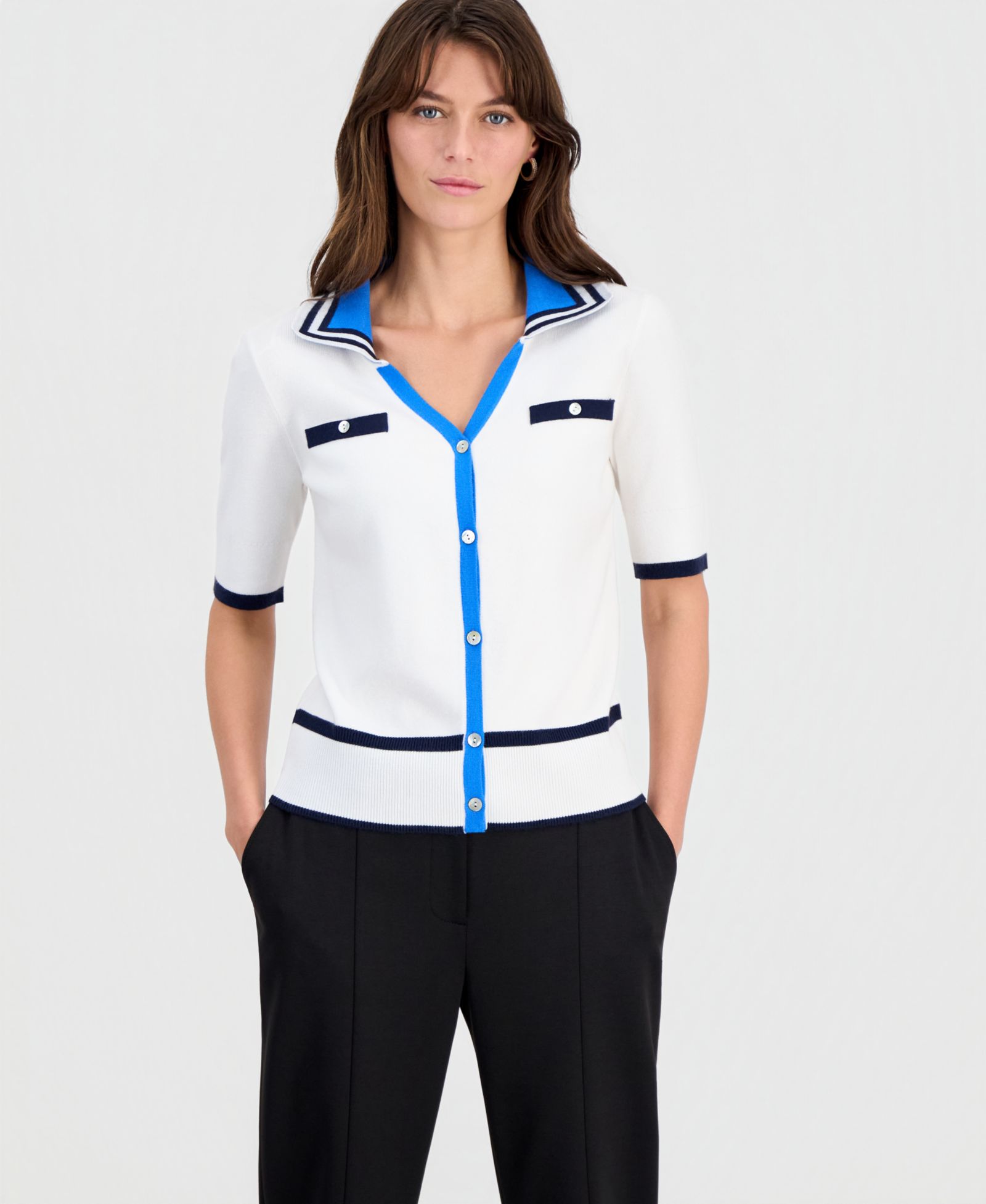 T Tahari Women's Contrast-Trim Johnny Collar Pullover Top