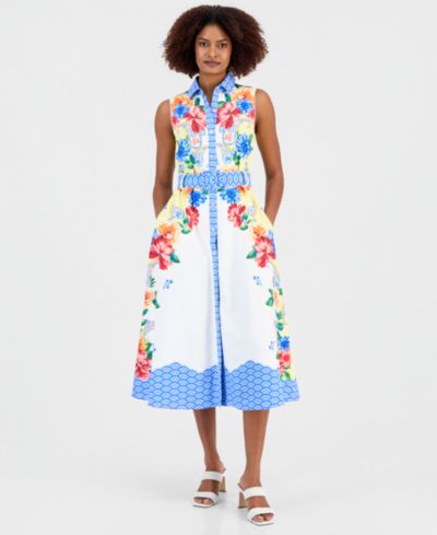 T Tahari Women's Printed Sleeveless Midi Shirtdress