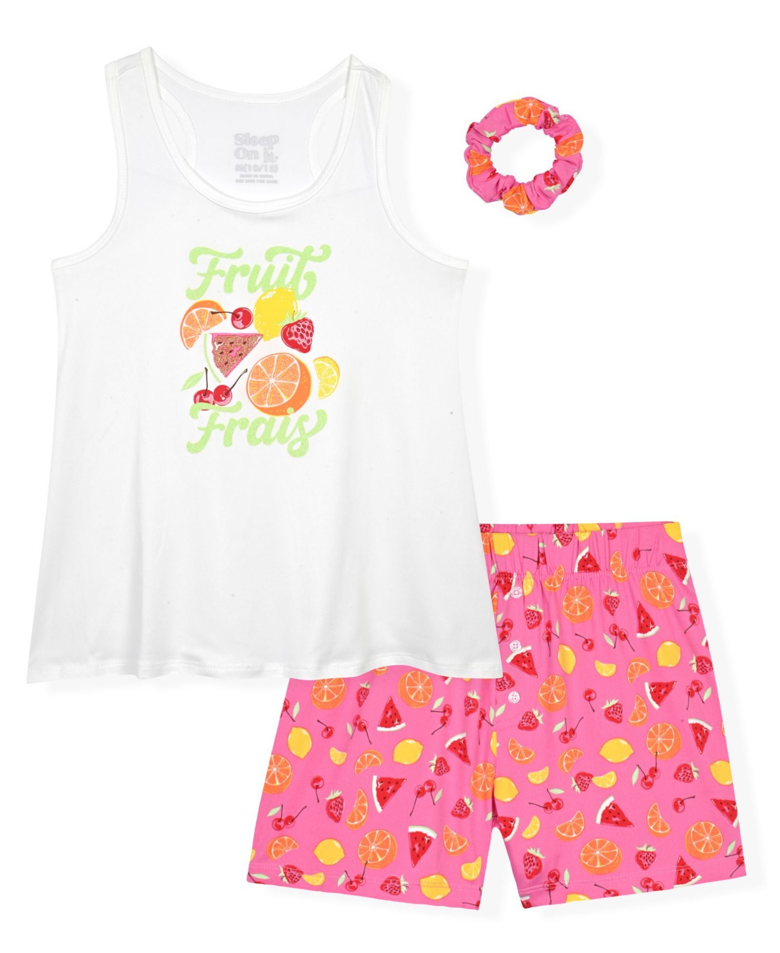 Max & Olivia Girls' 7-16 Sleeveless Tank Top, Pull-On Pajama With Scrunchie, 3- Piece Set