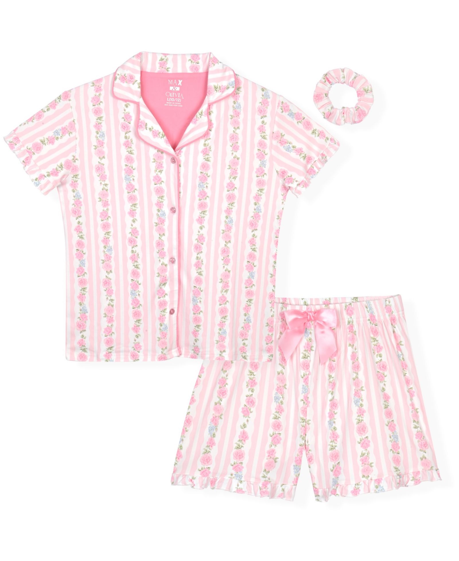 Комплект из 3 предметов Max & Olivia Big Girls' 6-16 Bow Trim Short Sleeve Top And Shorts Sleep & Play