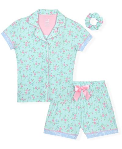 Max & Olivia Girls' 7-16 Short-Sleeve Top and Mint Floral Shorts Sleep & Play with Scrunchie, 3-Piece Set