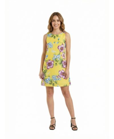 24seven Comfort Apparel Женское платье Shift Petite Yellow Floral Round Neck