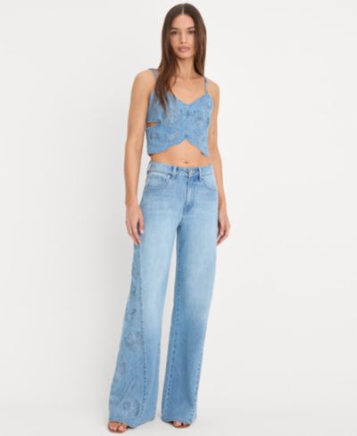 Good American Women's Dolly Joleans High-Rise Wide-Leg Embroidered Jeans