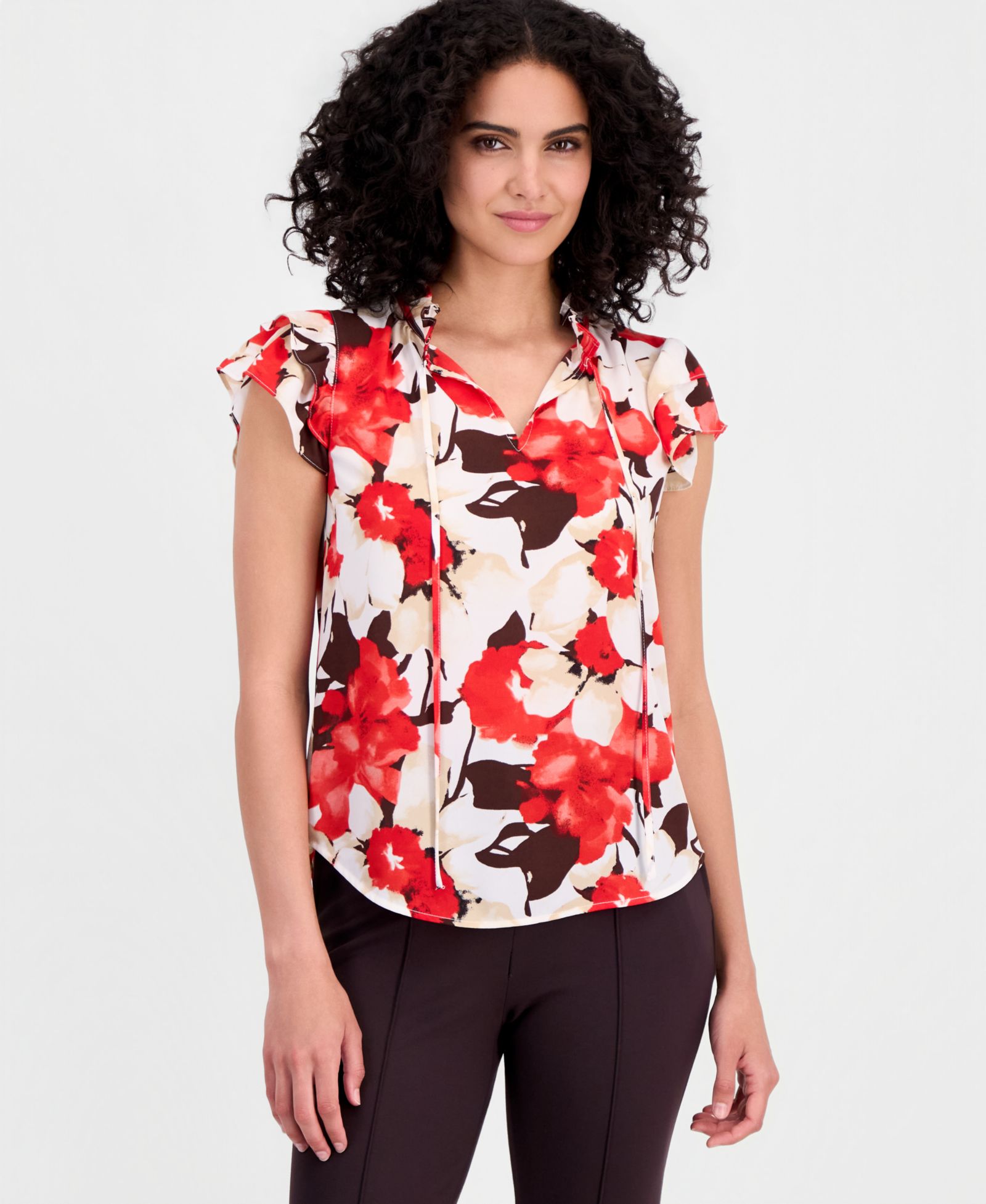 Anne Klein Petite Tie-Neck Ruffle-Sleeve Top