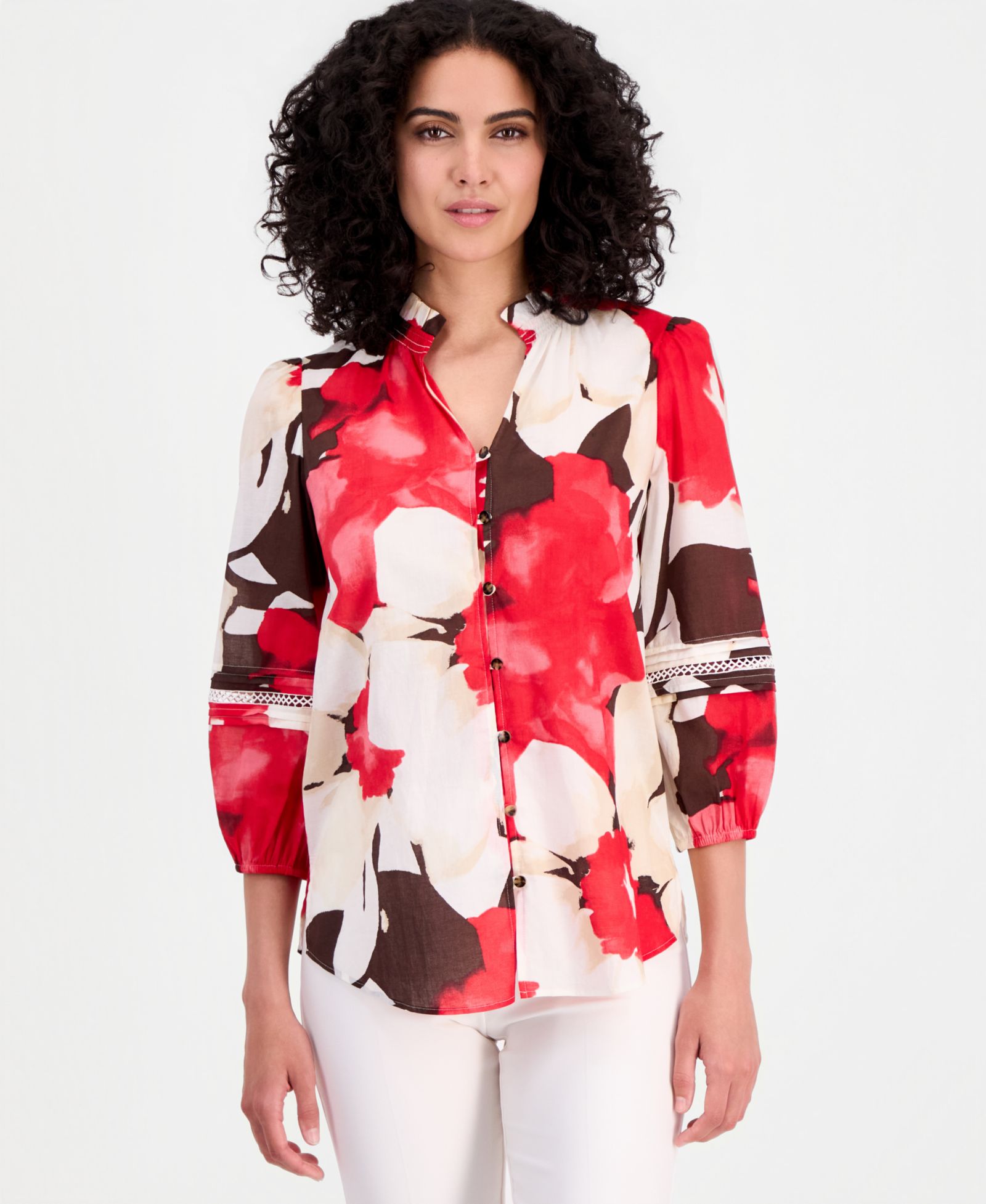 Anne Klein блузка Petite из хлопка с рюшами на шее и рукавом 3/4