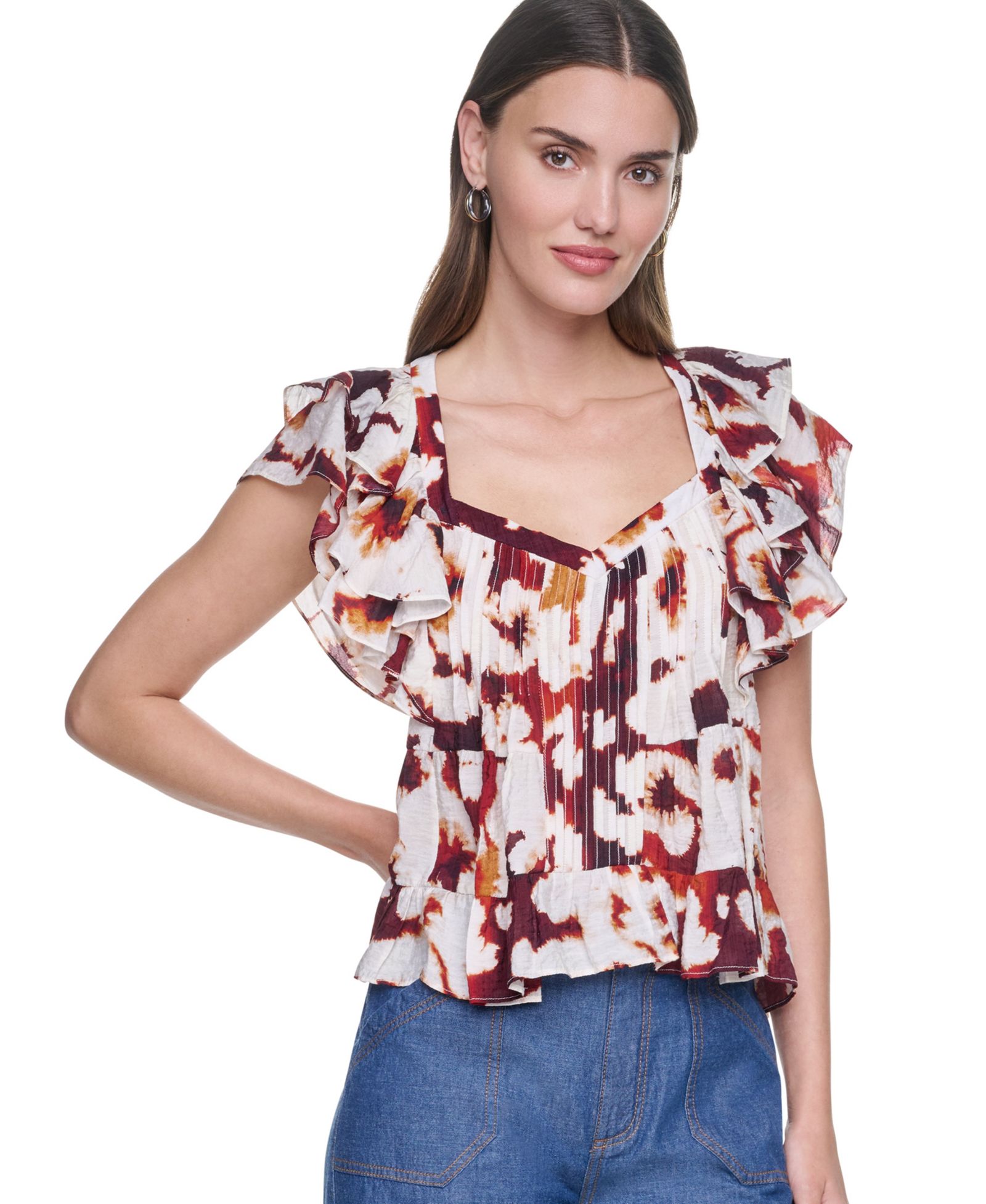DKNY Women's Printed Flutter-Sleeve Pleated Blouse