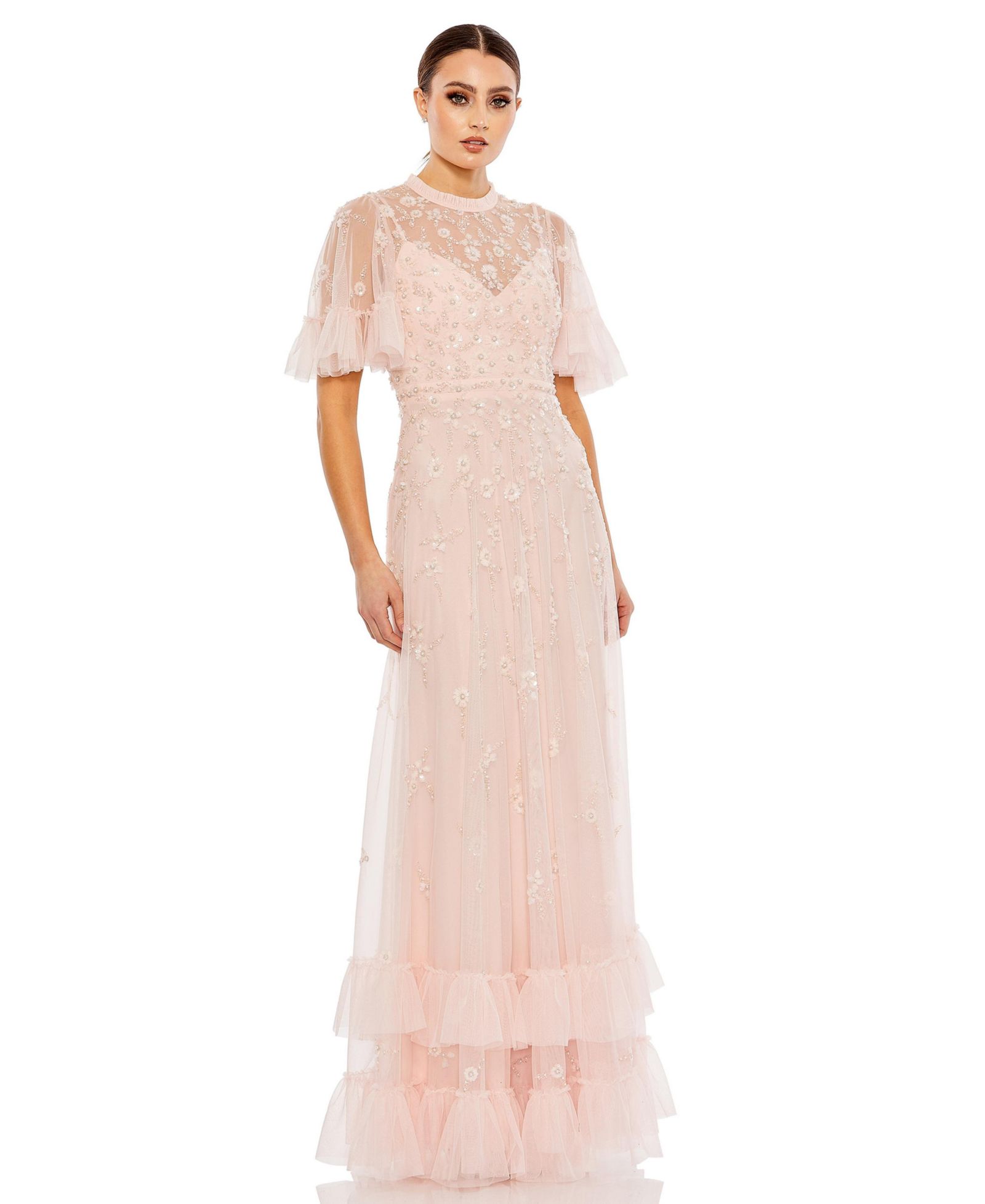 Mac Duggal Women's Ruffled Floral Embellished Flutter Sleeve A Line Gown