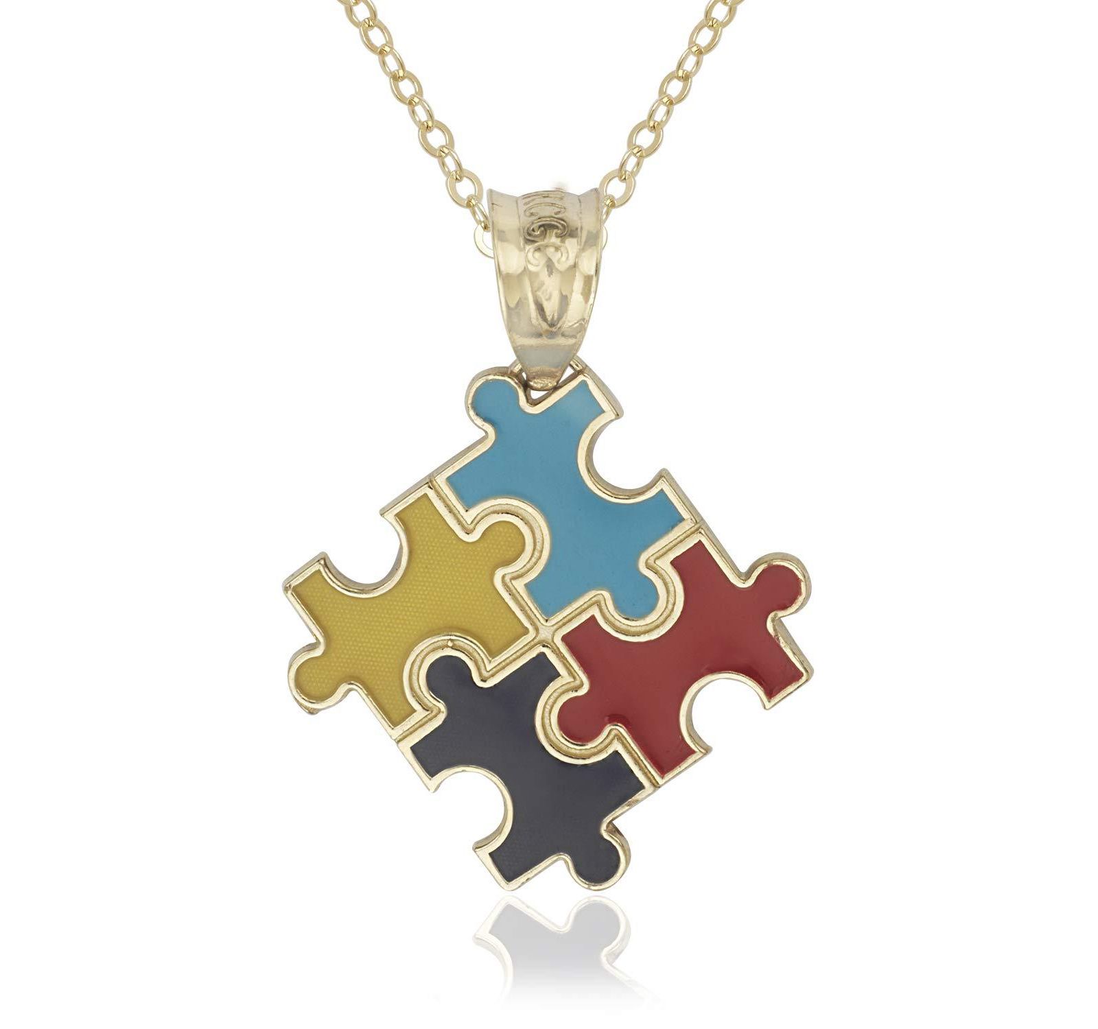 Curata Jewelry 14K Gold 18" Autism Awareness Enamel Puzzle Pendant Necklace