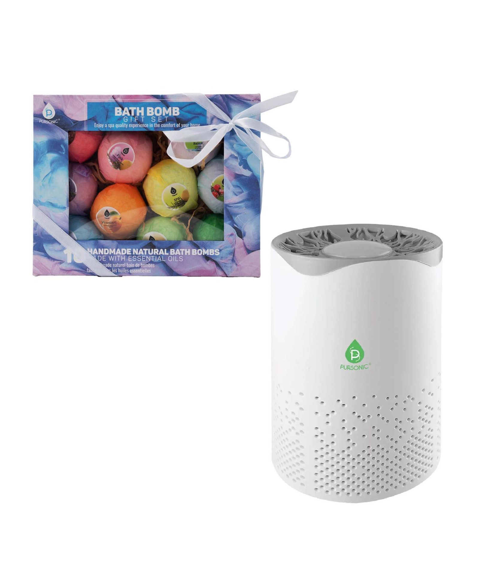 Pursonic Clean Air & Relaxation Bundle - Includes USB Powered True HEPA Air Purifier + 10 Handmade Bath Bombs