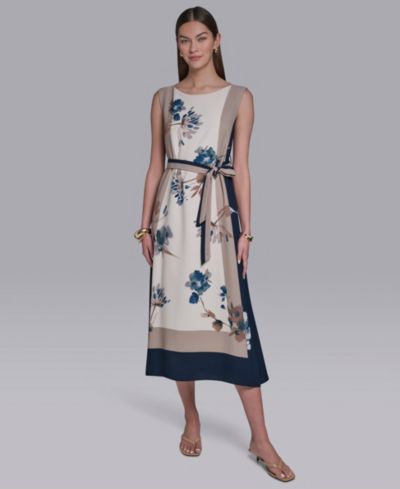 Женское платье Halston Sleeveless Self-Belt Floral Printed Midi