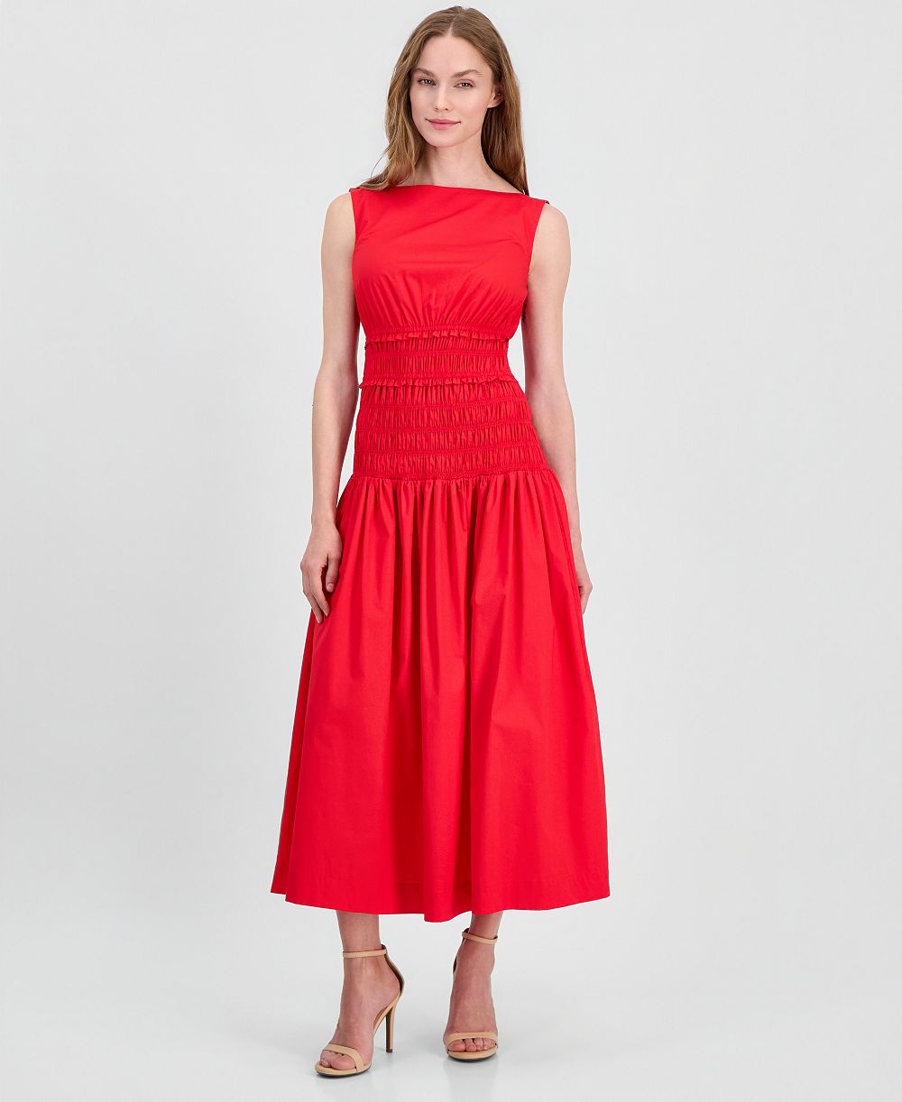 Anne Klein Women's Jewel-Neck Smocked Midi Dress