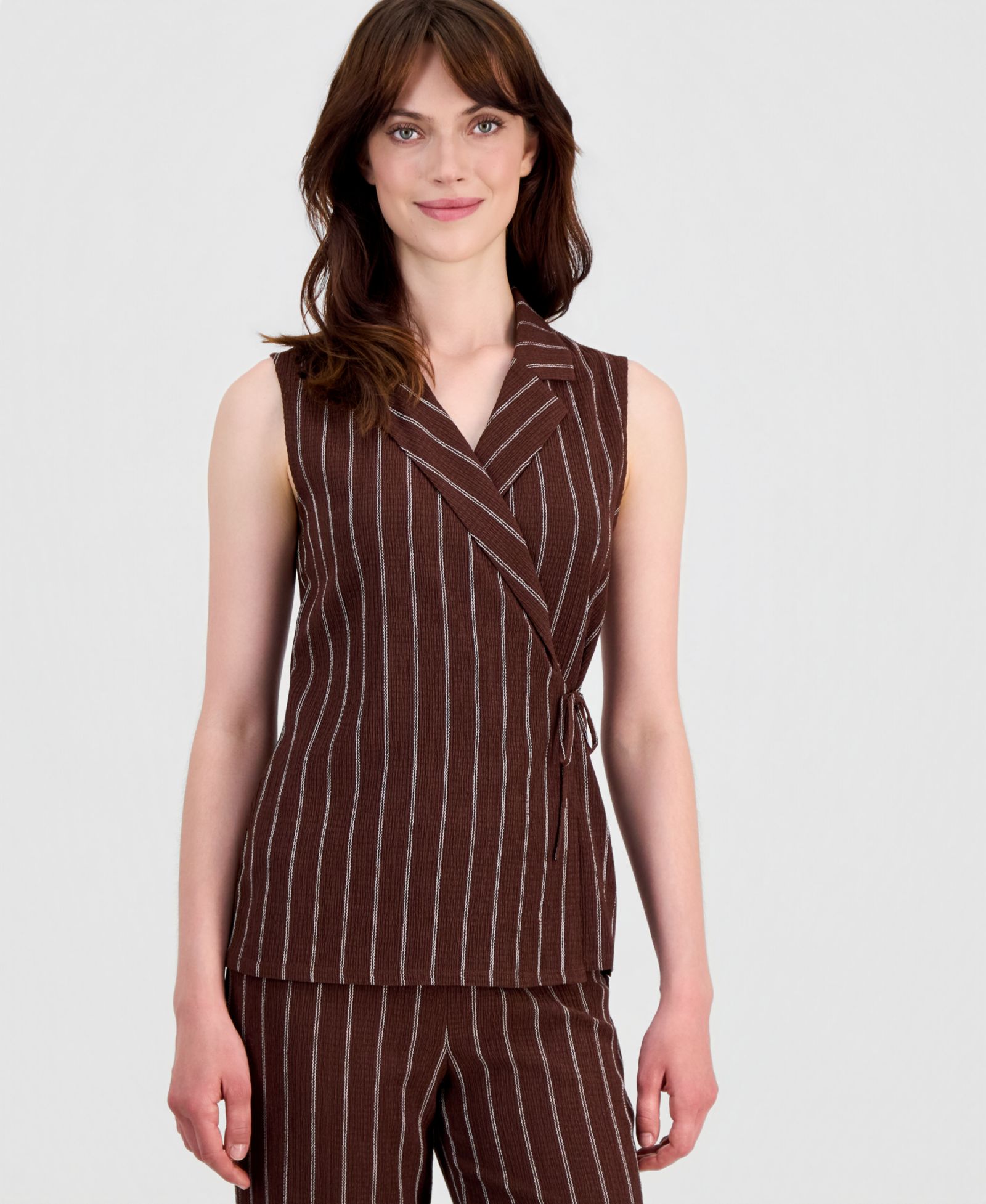 Anne Klein Women's Striped Textured-Knit Sleeveless Wrap Top, Regular & Petite