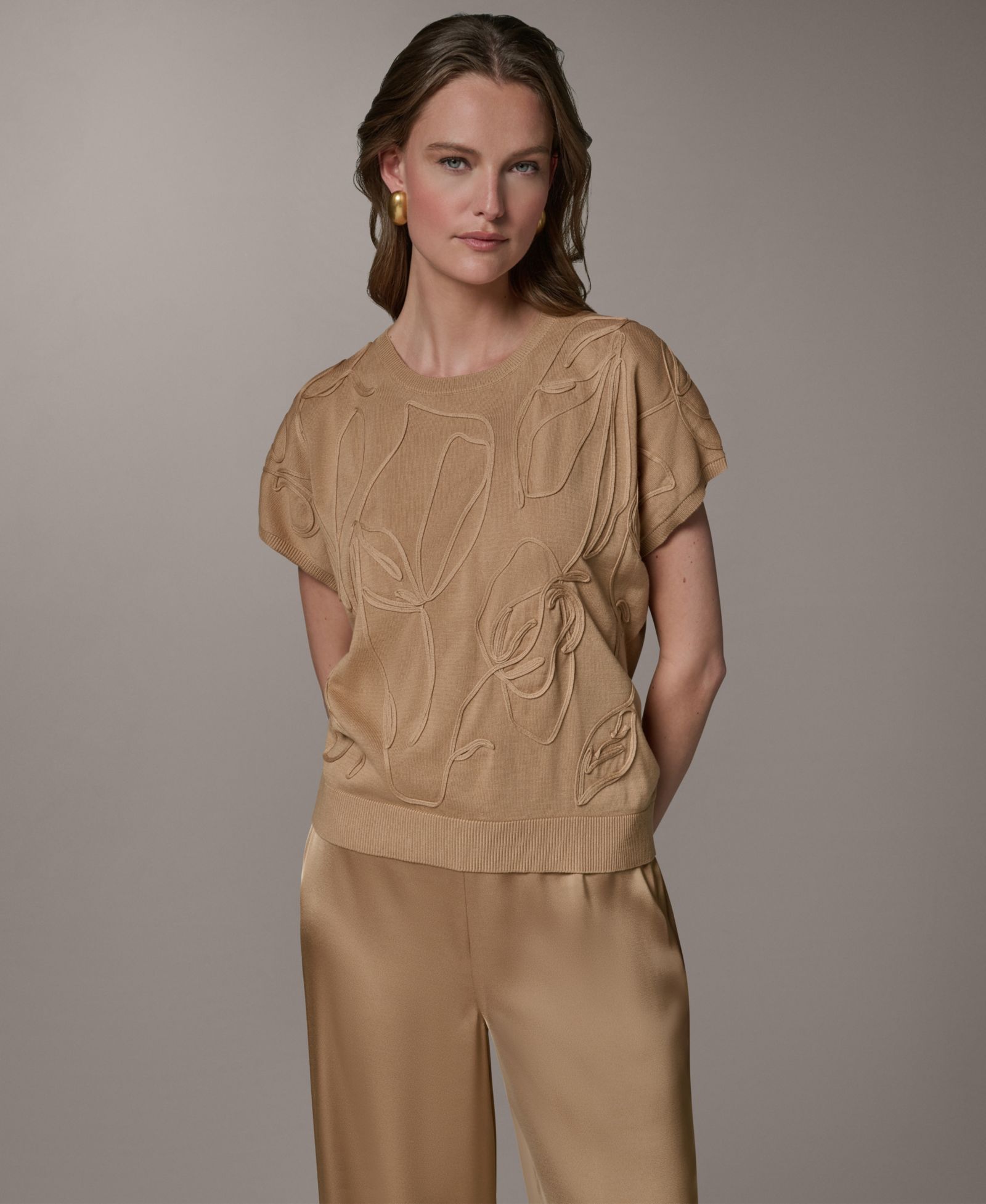Женский хлопковый свитер Donna Karan New York с коротким рукавом и круглым вырезом
