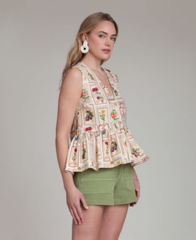 Avec Les Filles Женский топ Peplum из смесового льна с растительным принтом и V-образным вырезом