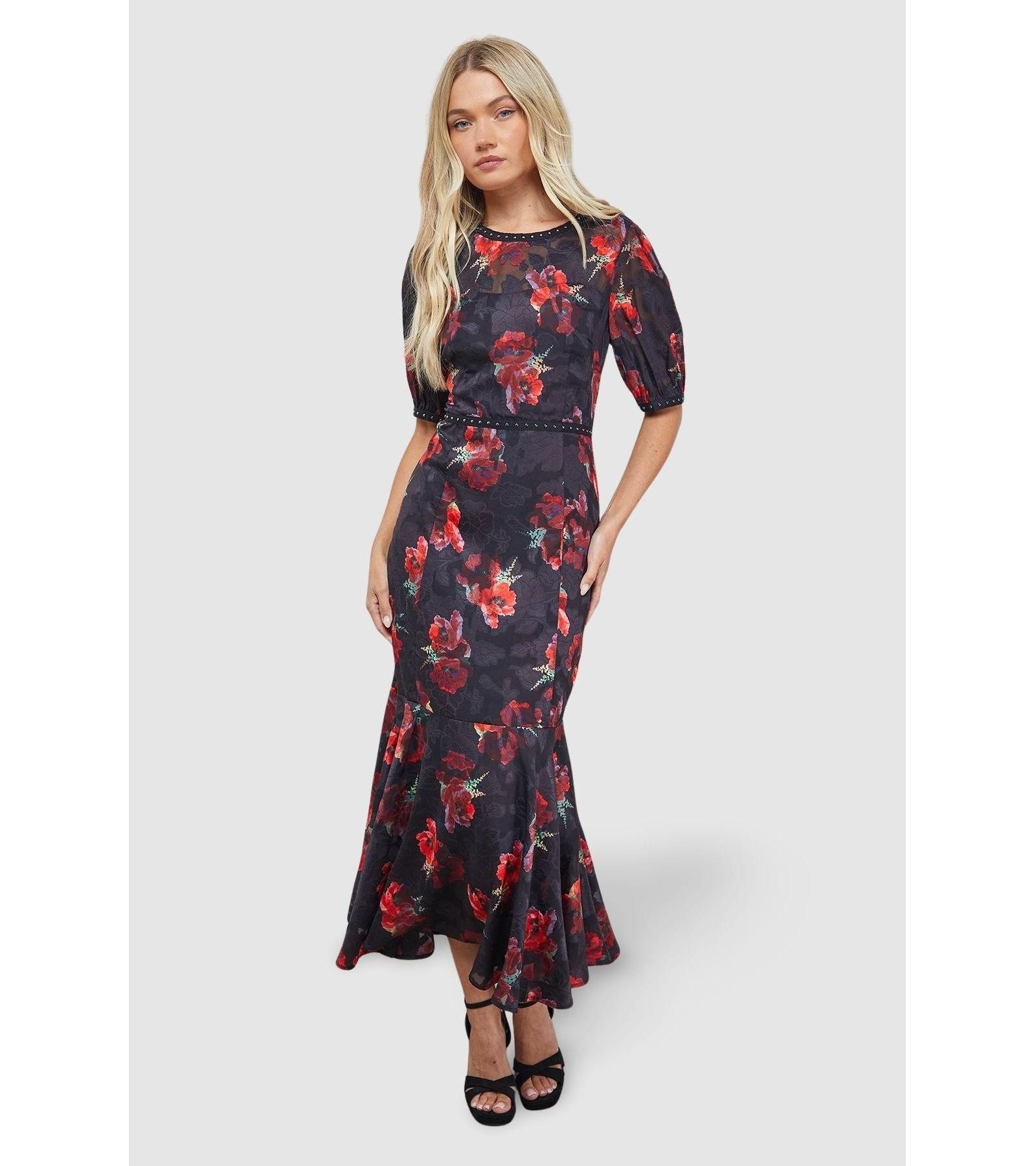 Женское миди-платье Oasis Floral Stud Trim Puff Sleeve