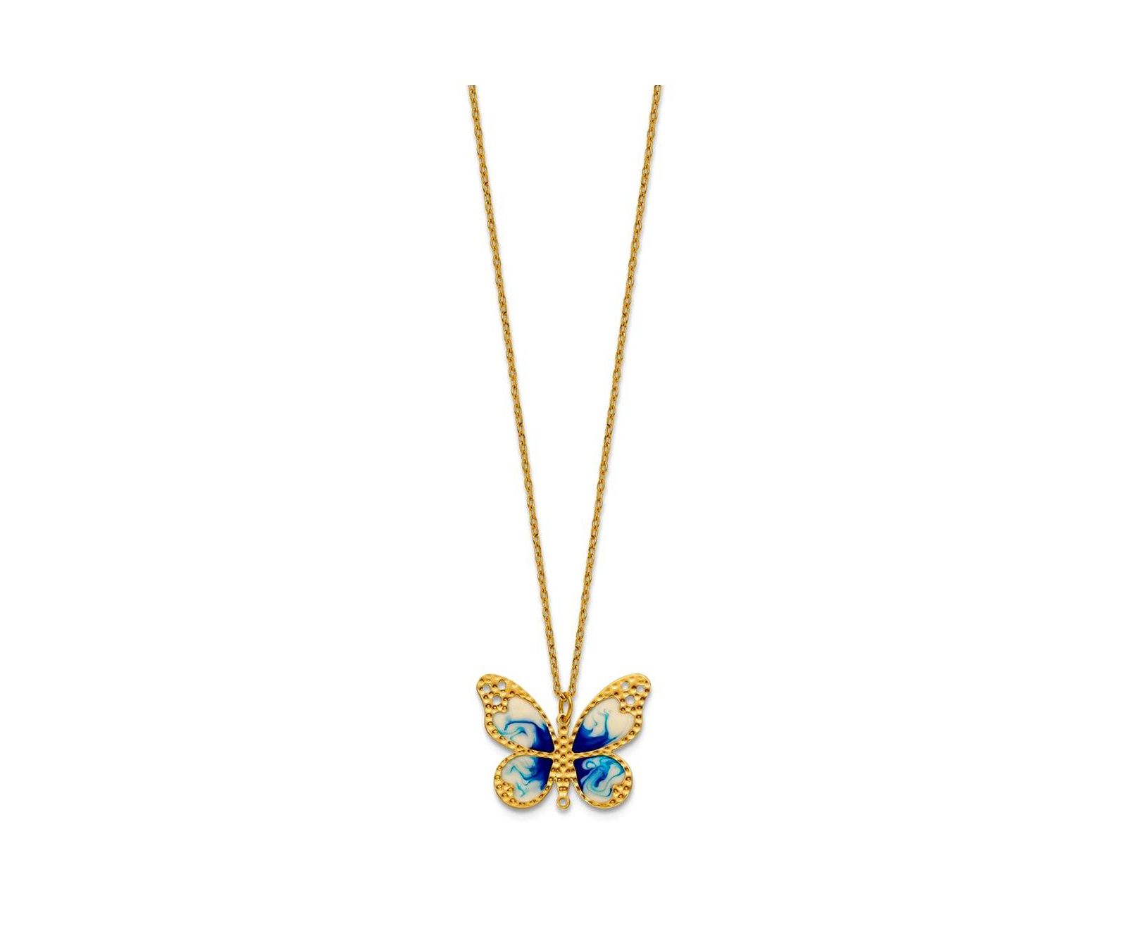 Curata Jewelry Solid 14k Yellow Gold 18 Inch Italian Blue Enamel Textured Butterfly Necklace
