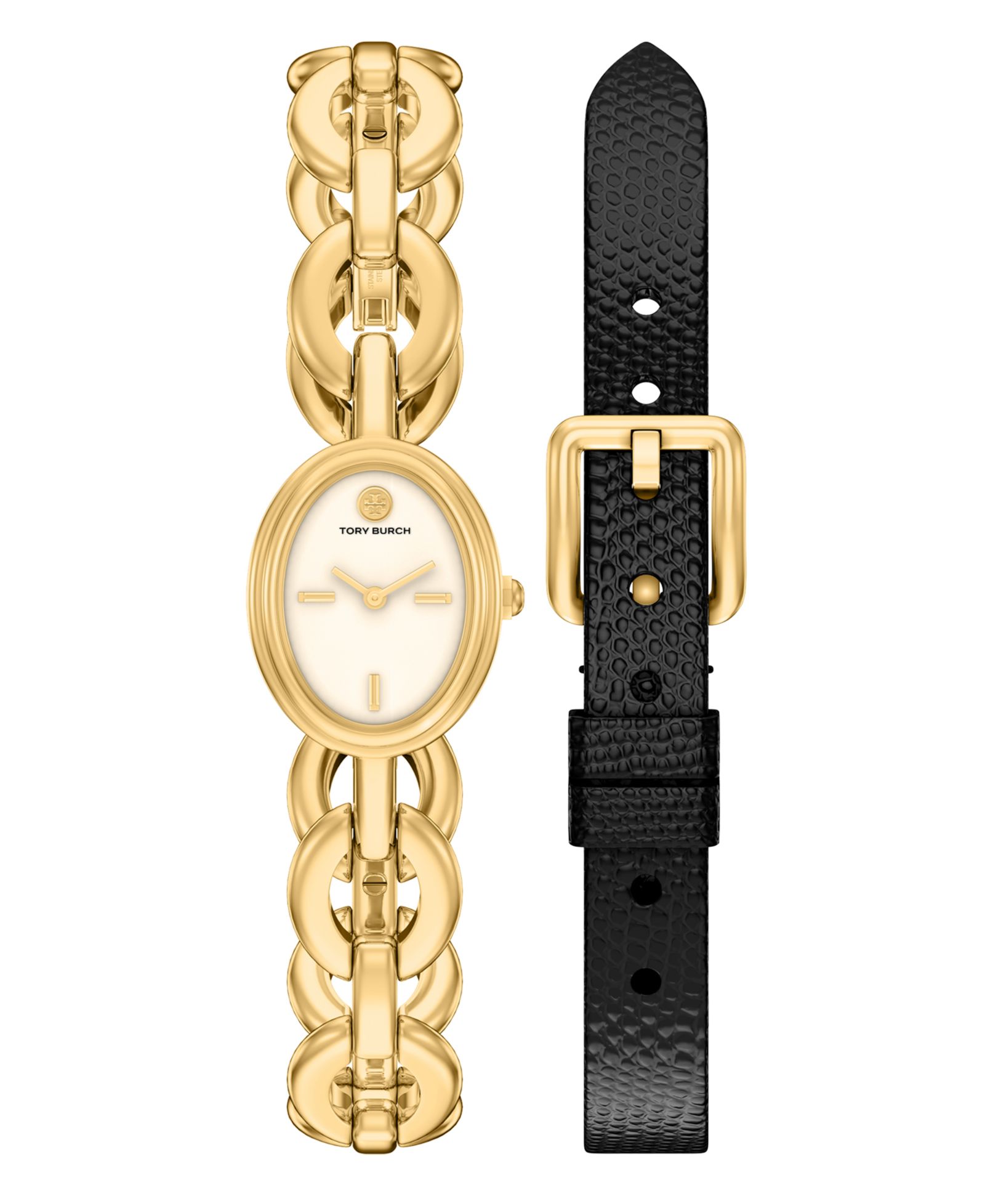 Женский подарочный набор Tory Burch The Oval Small: часы Quartz Two-Hand Gold Stainless Steel, 22mm