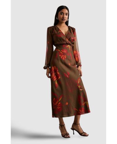 Женское миди-платье Warehouse Women's Printed V Neck Tie Detail