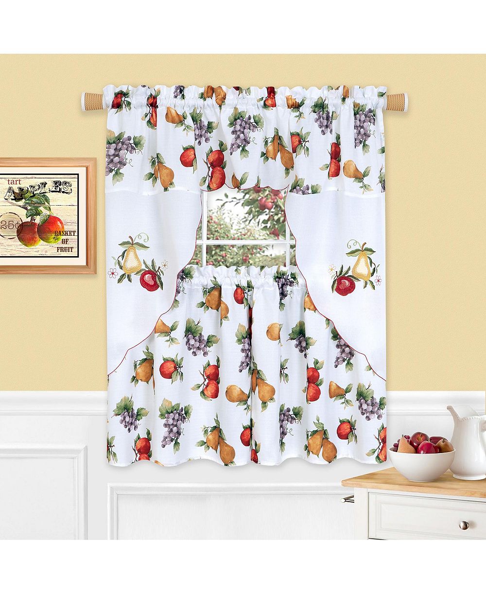 Kate Aurora Embroidered Fruit Medley 3 Piece Cafe Rod Pocket Kitchen Curtain And Valance Set