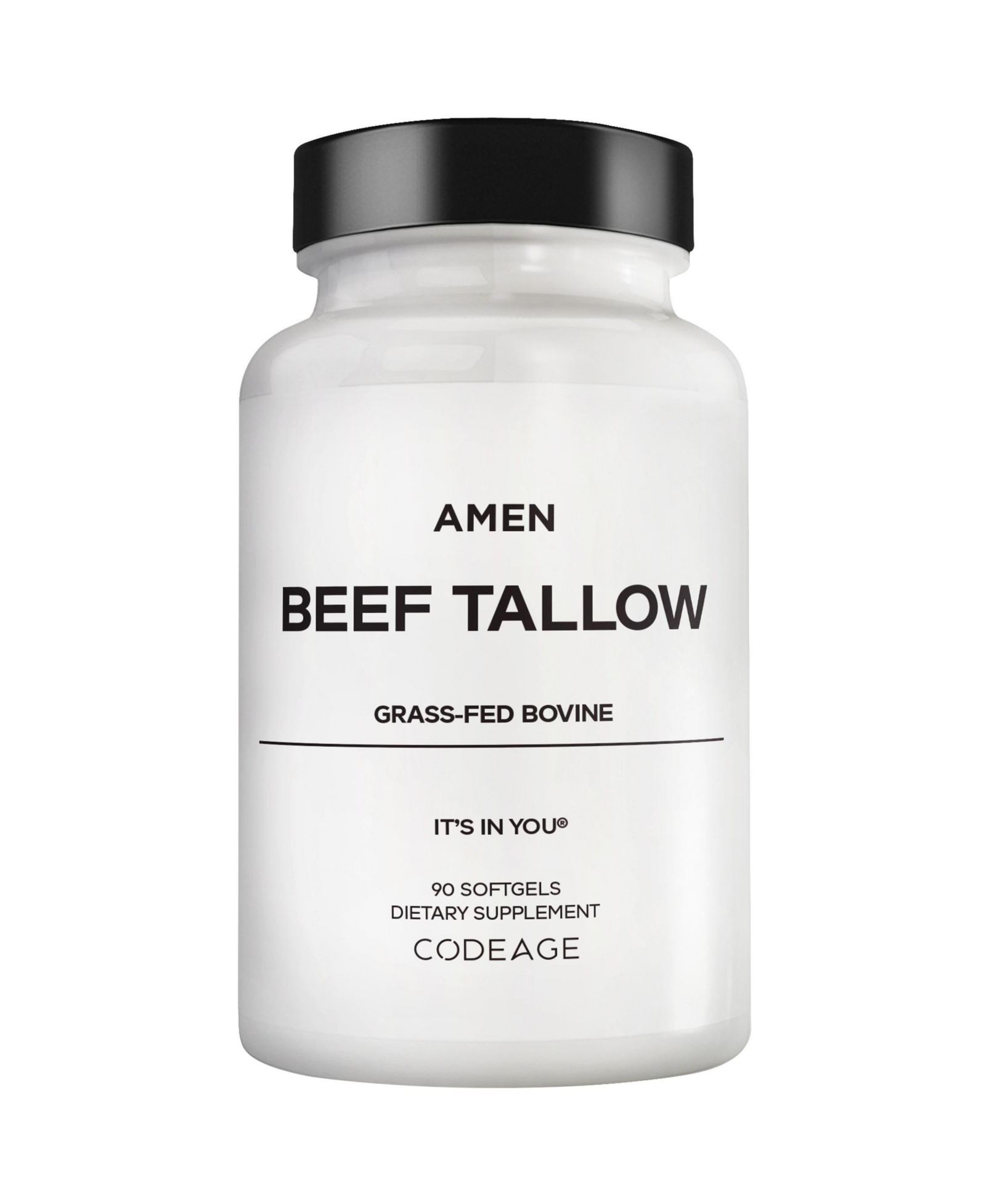 Amen Beef Tallow, Grass-Fed Bovine Tallow Nutrients, Whole-Food Paleo, Skin Support, 90 Capsules