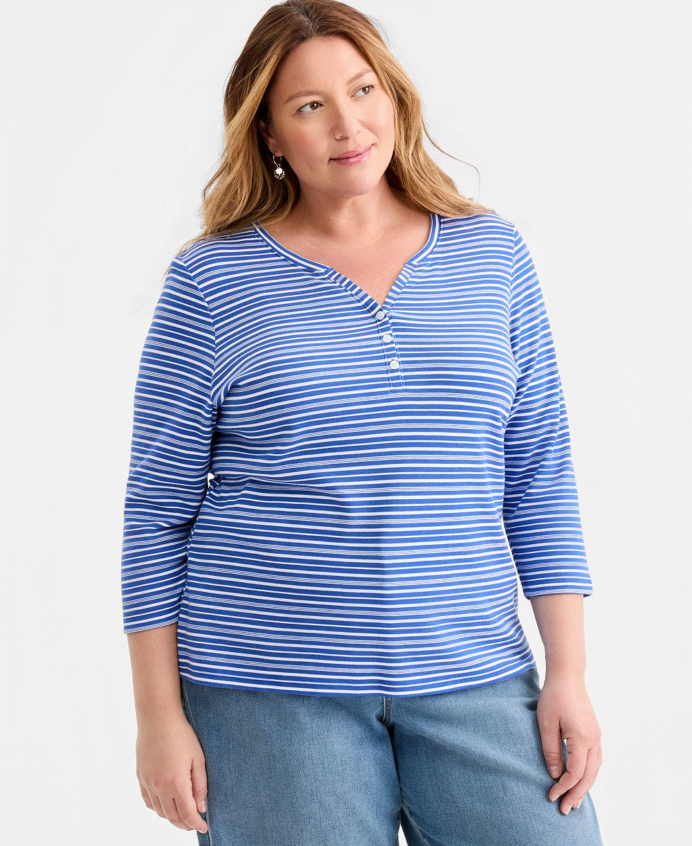 Style & Co Plus Printed 3/4-Sleeve Henley Top, Macy's Exclusive