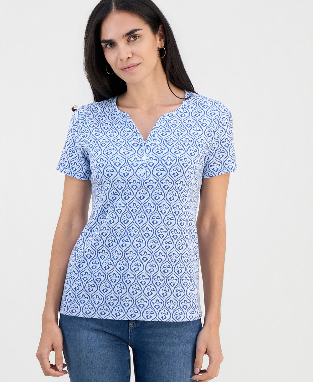 Style & Co Petite Bridge Geo топ с коротким рукавом и воротником-хенли, эксклюзив Macy's