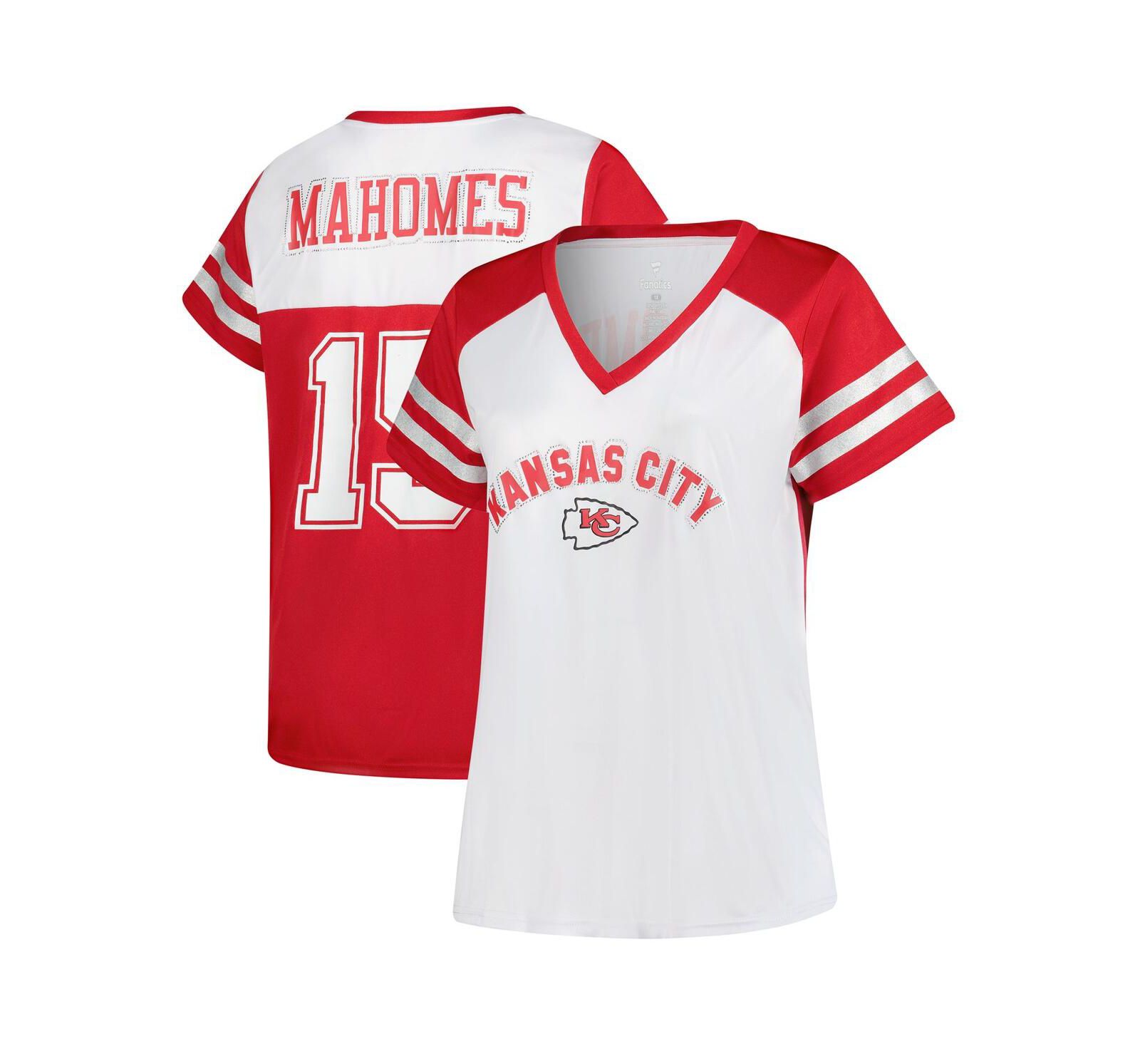 Fanatics Women's Patrick Mahomes White Kansas City Chiefs Plus Size Bling V-Neck T-Shirt