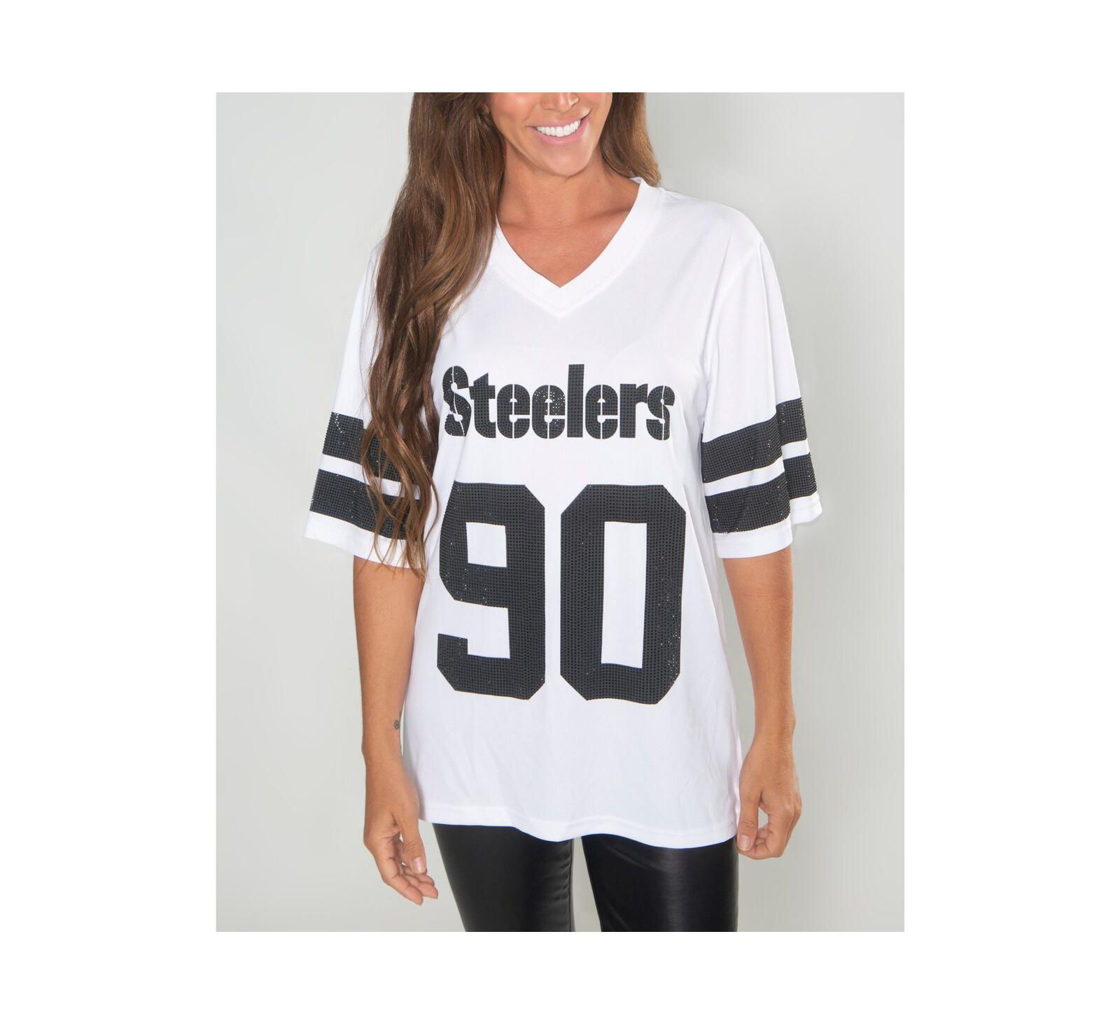 Женский туник Cuce T.J. Watt White Pittsburgh Steelers с кристаллами и V-образным вырезом