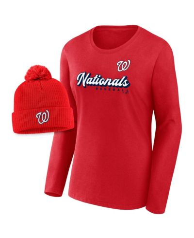 Женский набор Fanatics Red Washington Nationals Long Sleeve T-Shirt & Knit Hat с помпоном