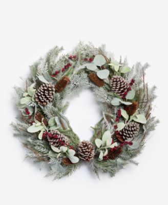 Holiday Lane Heritage Flocking Wreath with Pine Cones and Berries, Macy's Exclusive