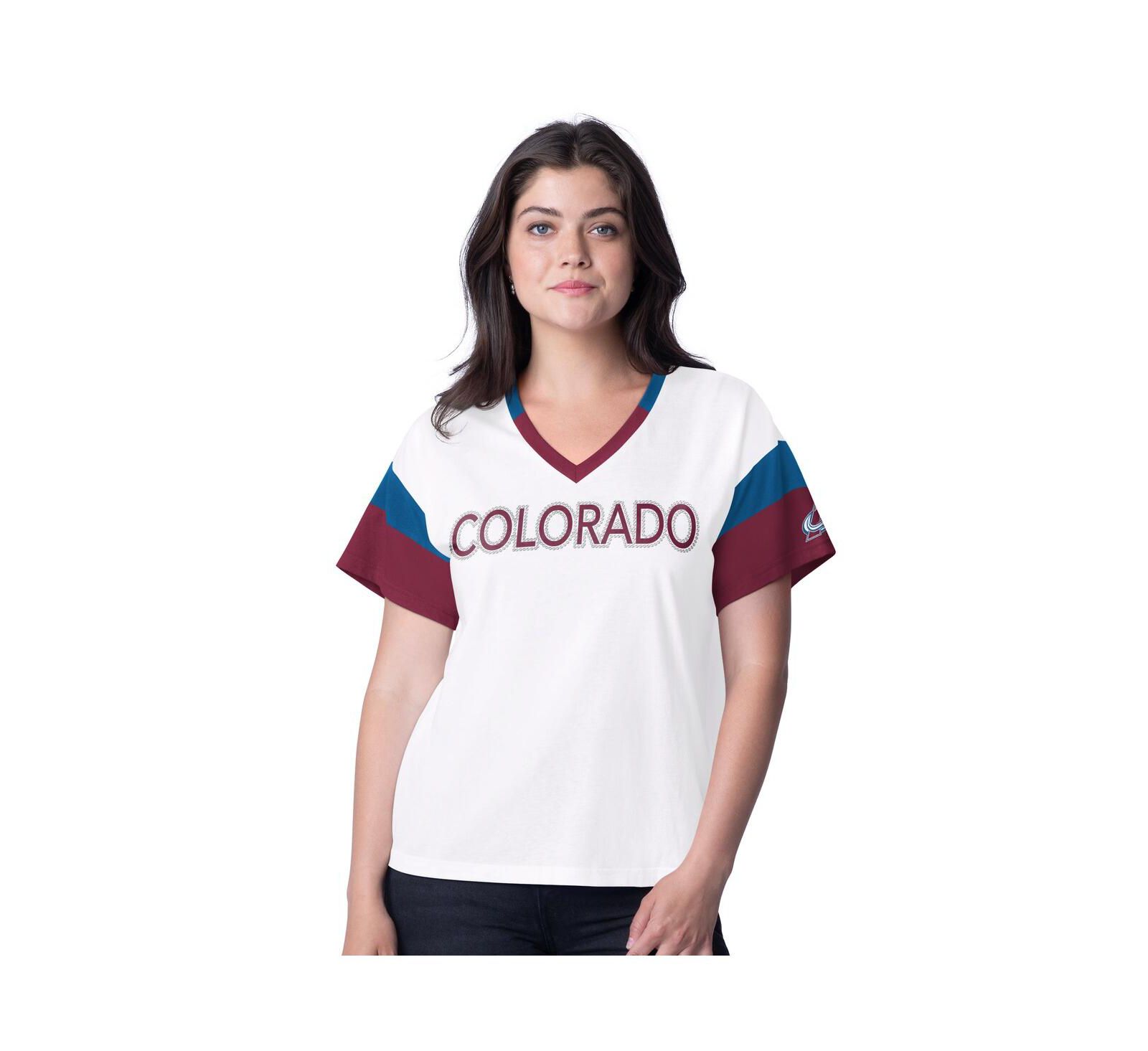 G-III 4Her by Carl Banks Women's White Colorado Avalanche Rink Oversized Rhinestone V-Neck T-Shirt