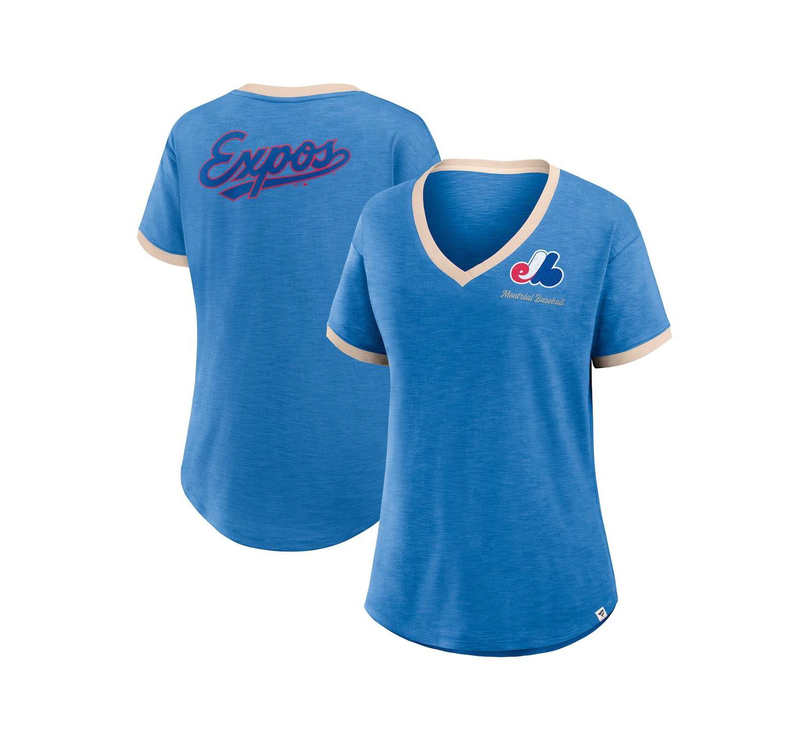 Женская футболка Fanatics Montreal Expos Blue Cooperstown Collection Binge Worthy Stadium Slub V-Neck