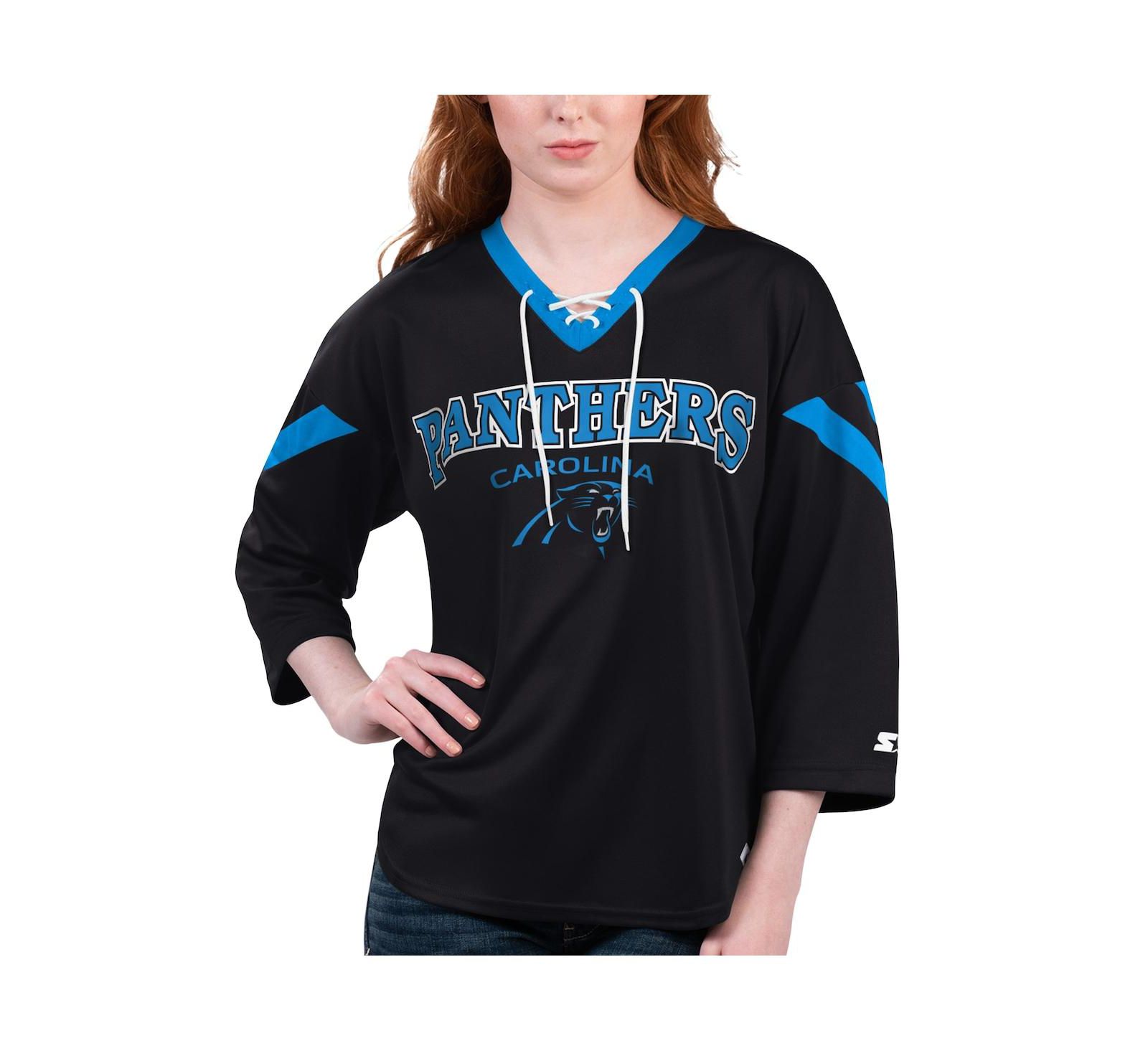 Starter Women's Black Carolina Panthers Rally Lace-Up 3/4 Sleeve T-Shirt