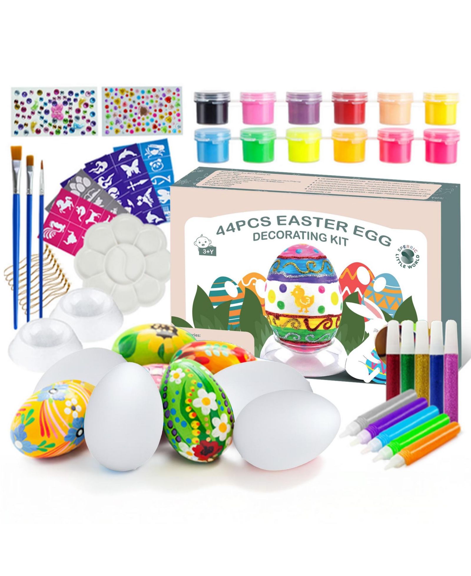 Sperric Easter Egg Painting Kit, DIY Nontoxic Paint Your Own Easter Eggs Craft Set with Paints, Brushes & Stickers for Kids Ages 3+, DIY Easter Crafts