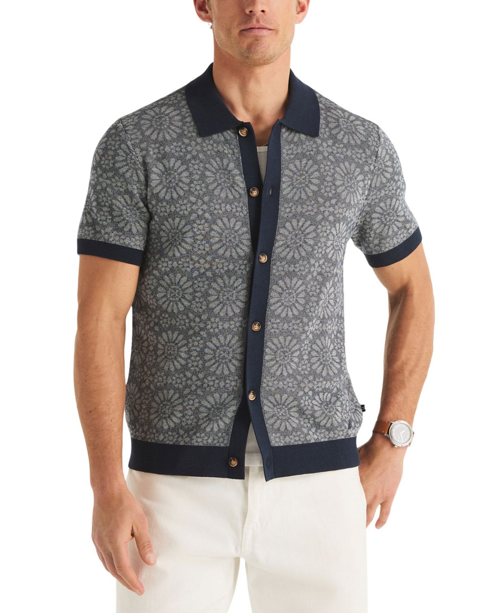 Nautica Men's Jacquard Classic-Fit Buttoned Polo Sweater