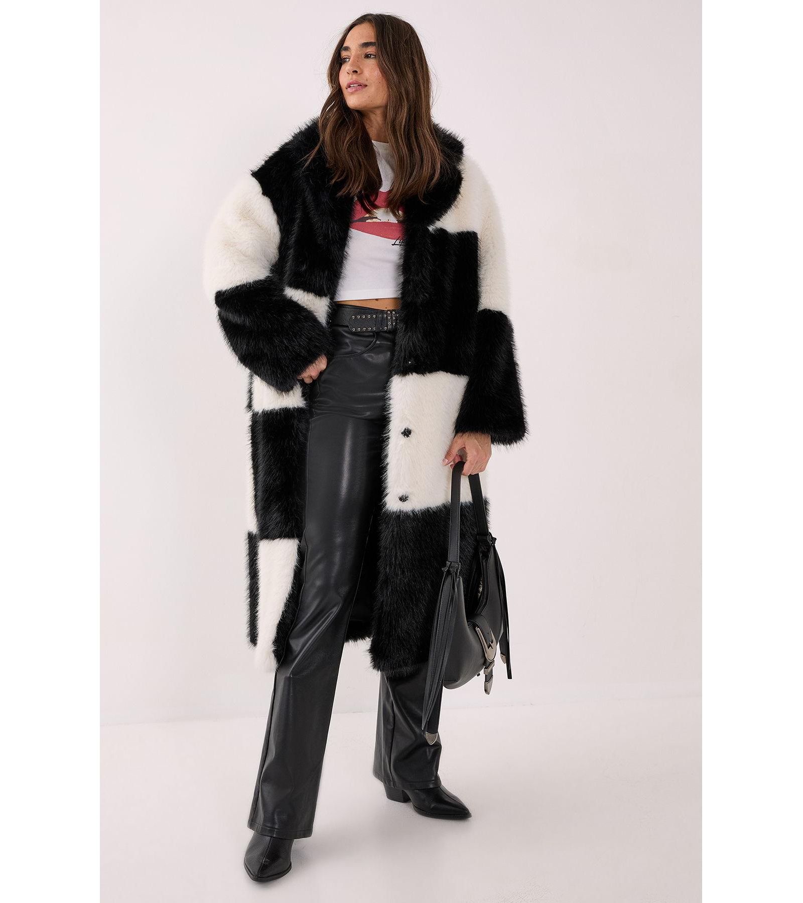 Nasty Gal Women's Mono Check Faux Fur Coat