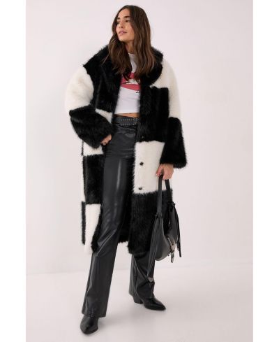 Nasty Gal Women's Mono Check Faux Fur Coat