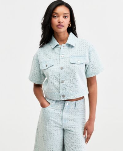 Bar III Женский Sequin Destructed Denim Short-Sleeve Shirt