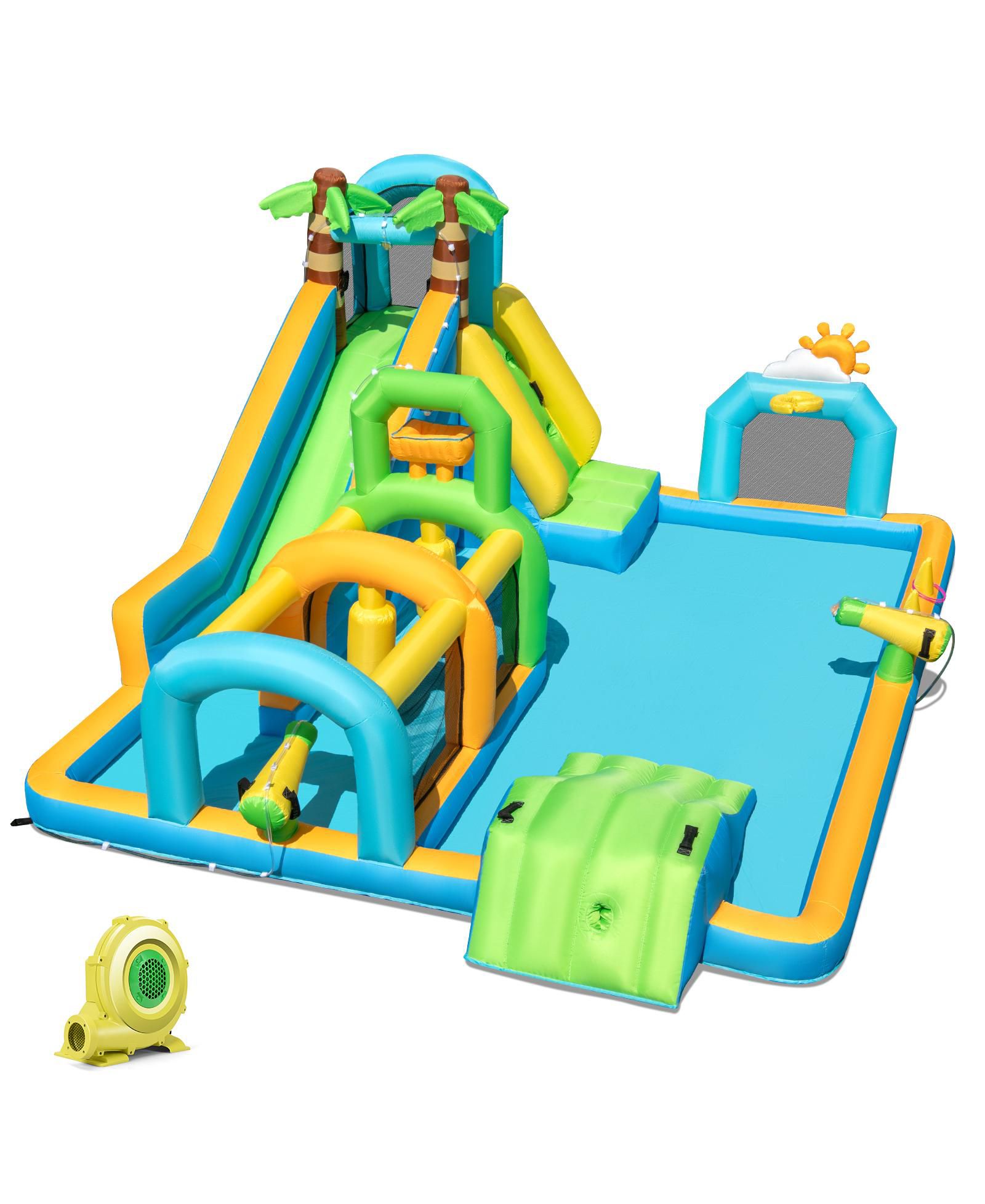 Mecale Tropical Inflatable Dual Water Slide Aqua Park with 735W Blower, 178"L x 147"W x 88"H, Up to 5 Kids, Ages 3–12