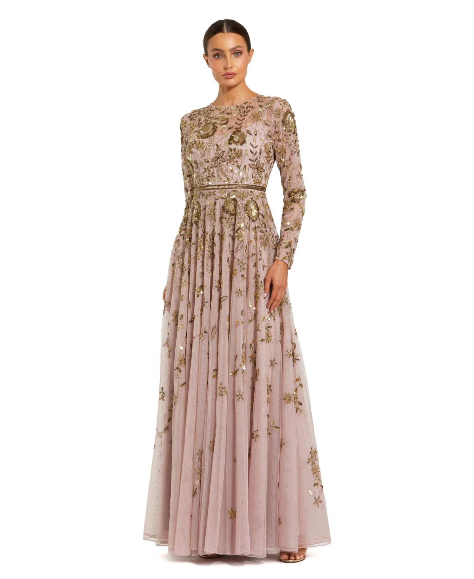 Женское вечернее платье Mac Duggal Long Sleeve Mesh Floral Embellished Gown